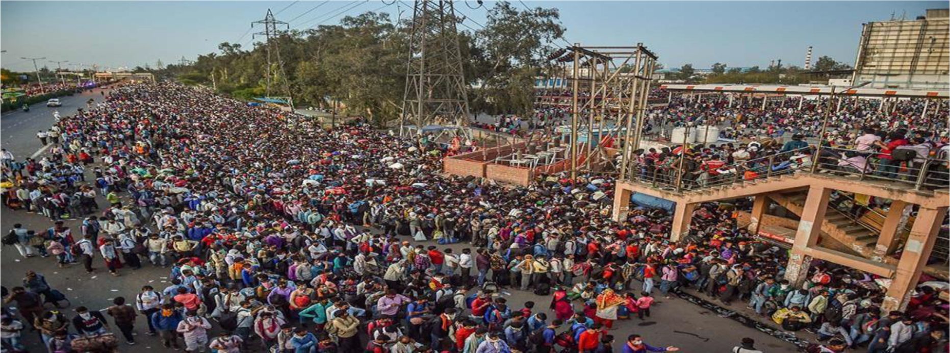Photograph of hundreds of migrant workers gathered at Bandra railway station, Mumbai, on 15th April following rumours that train services would resume